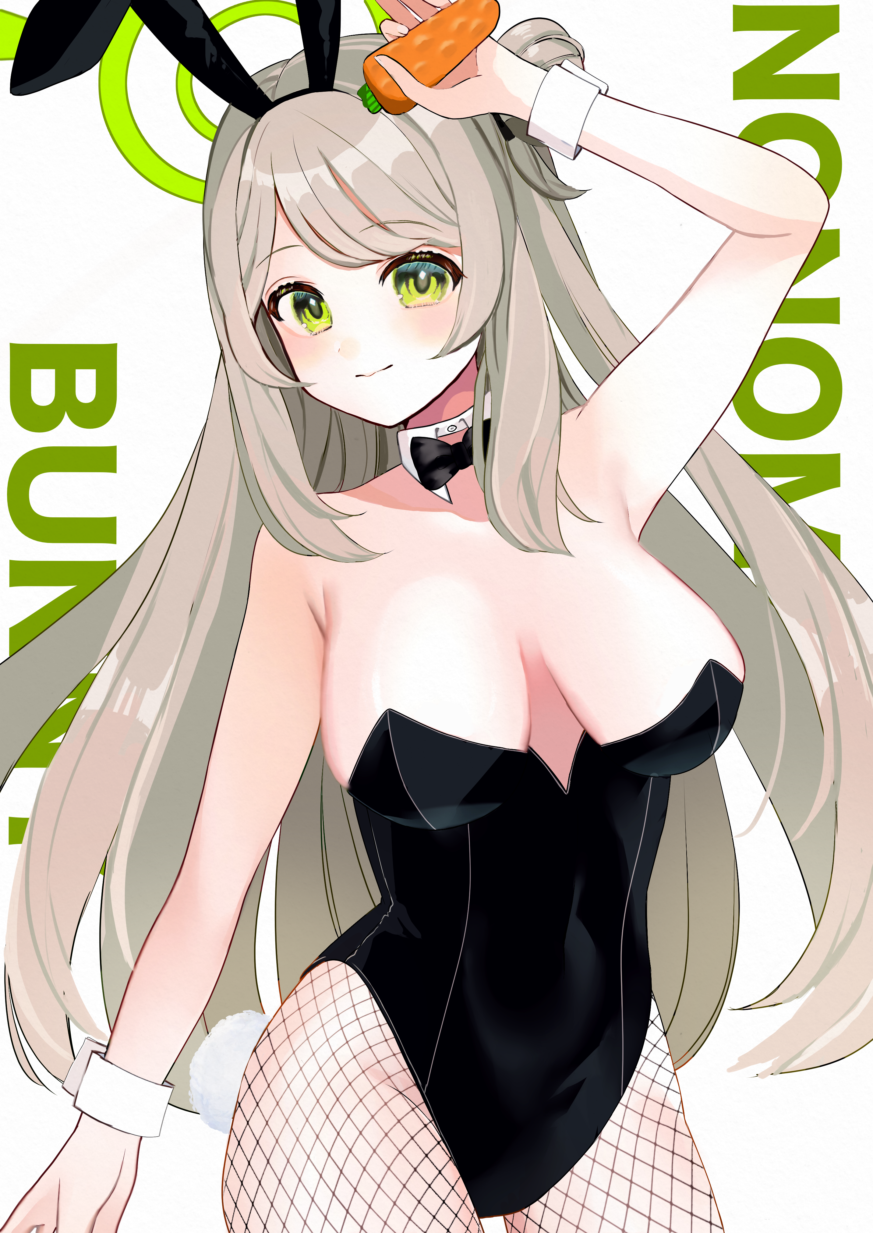 urara-owo, nonomi (blue archive), blue archive, absurdres, highres, 1girl, animal ear hairband, animal ears, black bow, black bowtie, black leotard, bow, bowtie, breasts, carrot, character name, detached collar, fake animal ears, fishnet pantyhose, fishnets, green eyes, green halo, grey hair, hairband, halo, large breasts, leotard, long hair, pantyhose, playboy bunny, rabbit ears, rabbit tail, smile, solo, strapless, strapless leotard, tail, white background, wrist cuffs