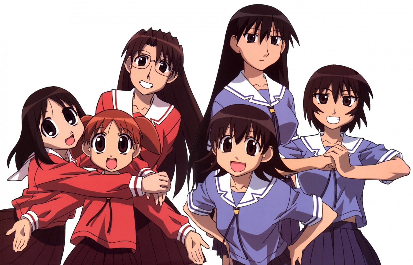kagura, kagura (azumanga daioh), kasuga ayumu, mihama chiyo, mizuhara koyomi, sakaki (azumanga daioh), takino tomo, azumanga daiou, 6+girls, brown eyes, brown hair, child, glasses, hug, long hair, multiple girls, orange hair, school uniform, serafuku, short twintails, twintails, white background