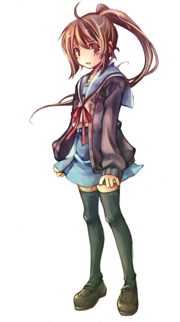 chiko (mizuho), kyon, kyonko, suzumiya haruhi no yuuutsu, bad id, bad pixiv id, 00s, 1girl, cardigan, female focus, full body, genderswap, genderswap (mtf), ponytail, school uniform, serafuku, simple background, solo, thighhighs, zettai ryouiki