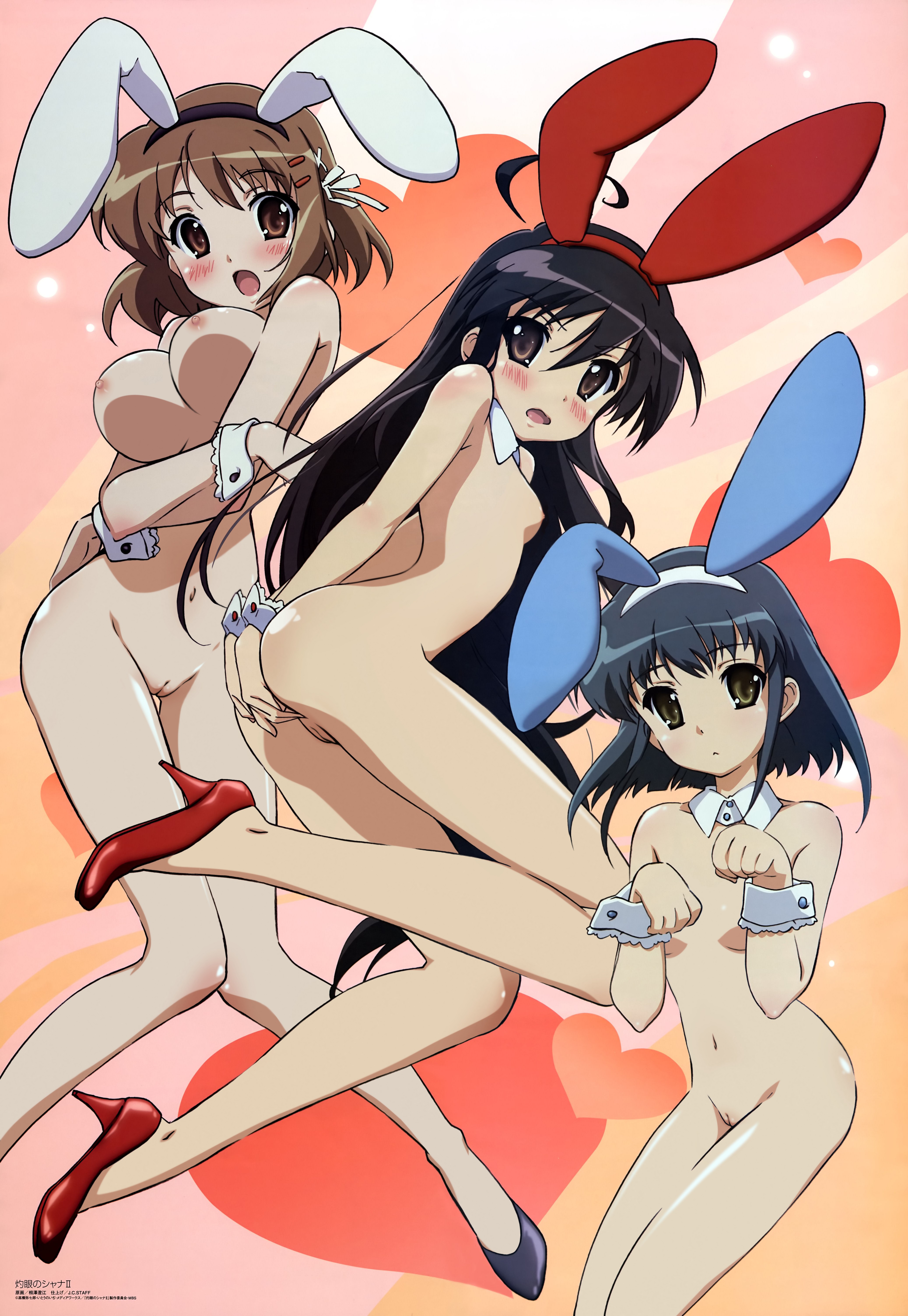 aizawa sumie, konoe fumina, shana, yoshida kazumi, shakugan no shana, absurdres, highres, non-web source, nude filter, third-party edit, 00s, 3girls, animal ears, high heels, loli, multiple girls, nude, rabbit ears, shoes, uncensored