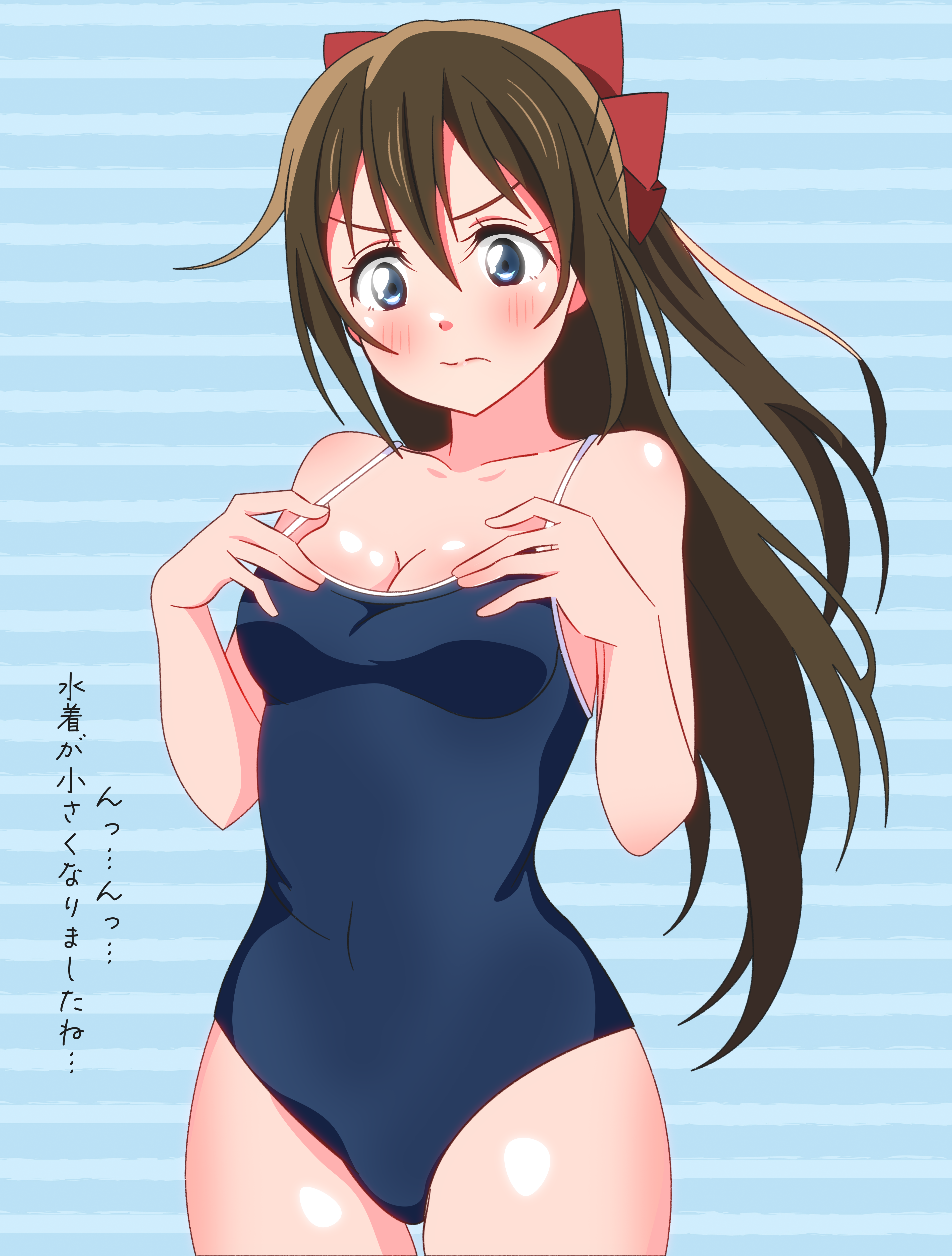 shinonome sakura, osaka shizuku, love live!, love live! nijigasaki high school idol club, absurdres, commentary request, highres, translation request, 1girl, blue background, blue eyes, blue one-piece swimsuit, bow, breast conscious, breasts, brown hair, cleavage, competition school swimsuit, cowboy shot, hair bow, half updo, long hair, medium breasts, one-piece swimsuit, red bow, school swimsuit, solo, striped background, swimsuit