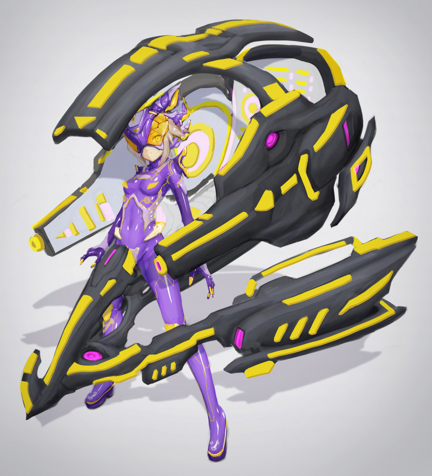 yumikoyama49, original, highres, 1girl, arms at sides, blonde hair, bodysuit, breasts, full body, grey background, helmet, looking at viewer, mask, mecha musume, purple bodysuit, shadow, shiny clothes, skin tight, small breasts, solo, standing