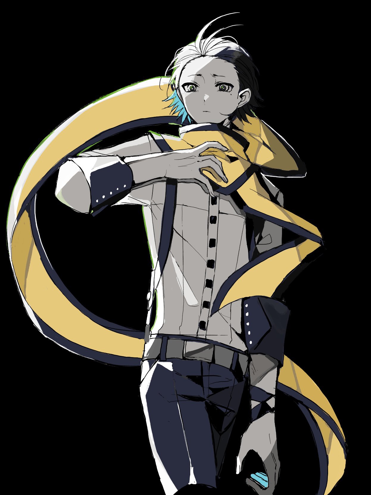 teketeke (tasutekete), mochizuki ryouji, persona, persona 3, highres, 1boy, belt, black background, black hair, black pants, buttons, closed mouth, cowboy shot, grey belt, hand up, long sleeves, looking at viewer, male focus, pants, scarf, shirt, short hair, simple background, solo, white shirt, yellow scarf
