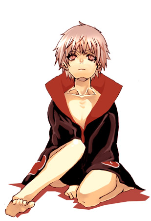 sasori (naruto), naruto (classic), naruto (series), naruto shippuuden, looking away, silver hair, artist request, lowres, 1boy, akatsuki (naruto), albino, barefoot, bottomless, cloak, closed mouth, coat, collarbone, frown, full body, male focus, naked coat, red eyes, simple background, sitting, soles, solo, topless male, white background
