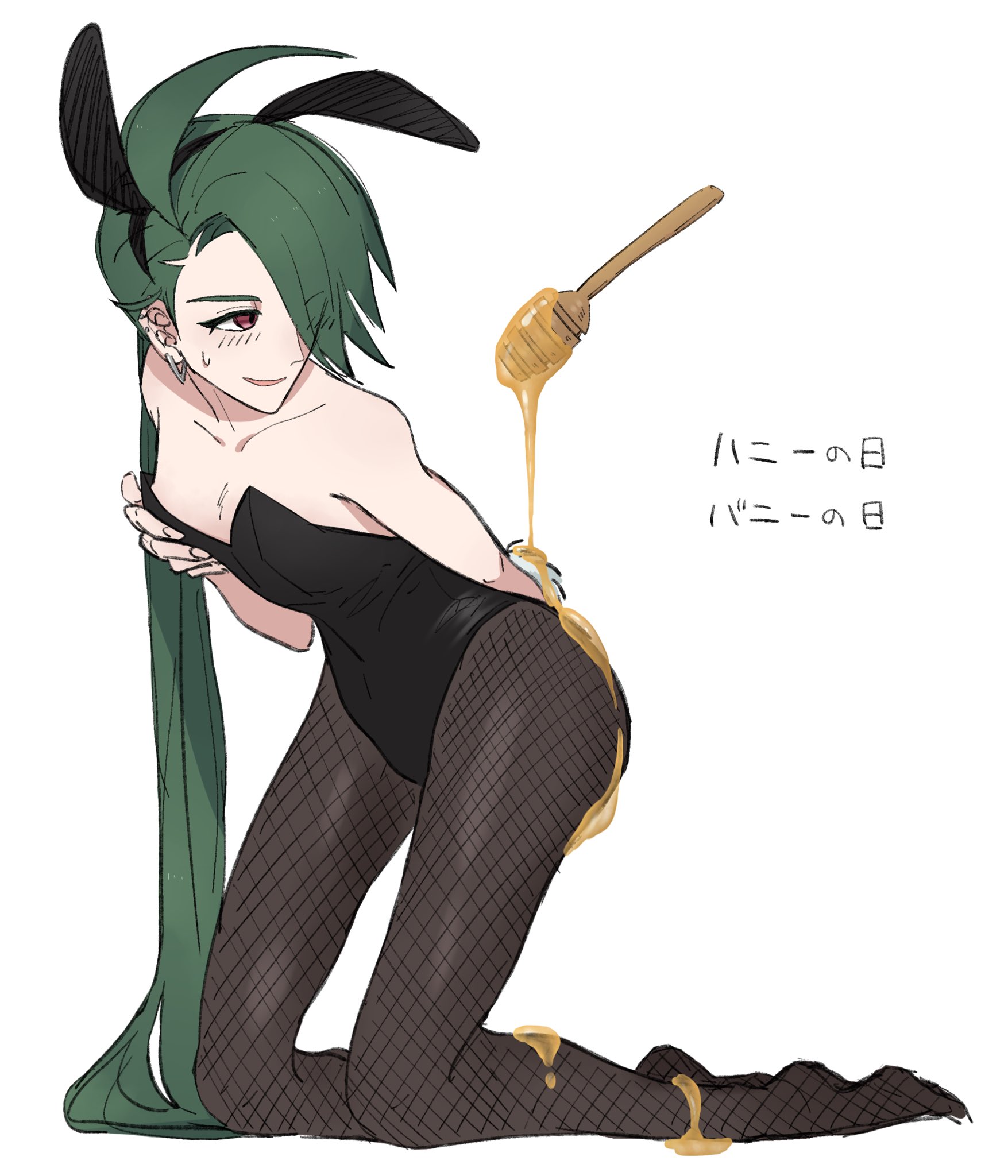 basashioec, rika (pokemon), nintendo, pokemon, pokemon sv, highres, md5 mismatch, resolution mismatch, source smaller, translation request, 1girl, ahoge, androgynous, animal ears, asymmetrical bangs, black leotard, black pantyhose, bright pupils, collarbone, ear piercing, earrings, fake animal ears, fake tail, food on ass, food on body, food on legs, green hair, honey, jewelry, leotard, long hair, pantyhose, piercing, playboy bunny, ponytail, rabbit ears, rabbit tail, red eyes, reverse trap, solo, strapless, strapless leotard, sweatdrop, tail, triangle earrings, white pupils