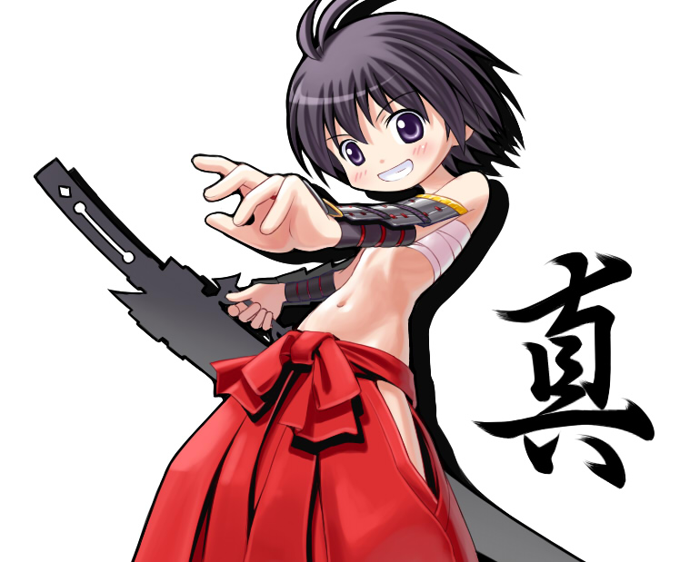 nekopuchi, bushidou (sekaiju), kikuchi makoto, atlus, etrian odyssey, idolmaster, idolmaster (classic), idolmaster 1, 1girl, antenna hair, blush, cosplay, female focus, flat chest, hakama, hakama skirt, japanese clothes, navel, red hakama, sarashi, simple background, skirt, solo, white background