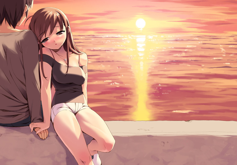 ootomo takuji, original, 1boy, 1girl, bare shoulders, blue eyes, brown hair, couple, hetero, holding hands, ocean, outdoors, shorts, sunset, water