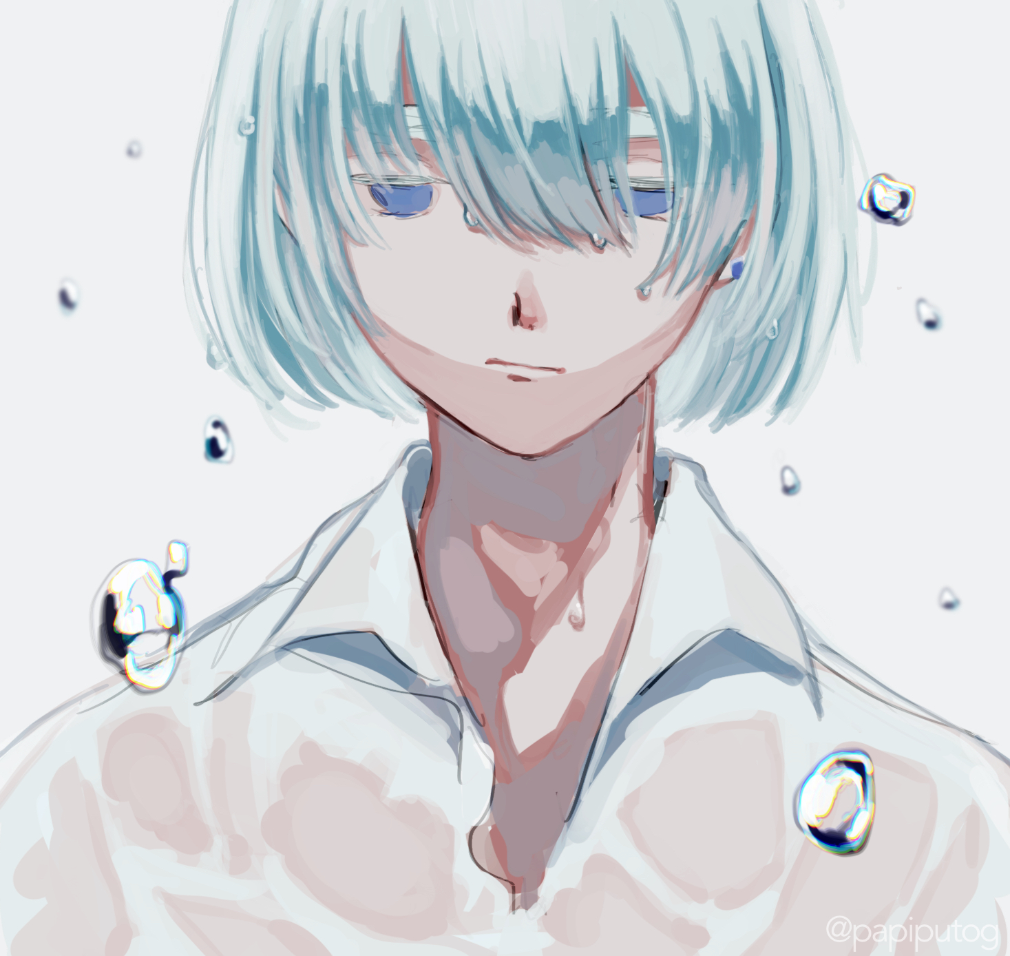 khun aguero agnis, tower of god, highres, 1boy, blue eyes, blue hair, closed mouth, collared shirt, earrings, jewelry, papiputog, shirt, short hair, simple background, solo, twitter username, water, water drop, wet, wet clothes, wet hair, wet shirt, white background, white shirt