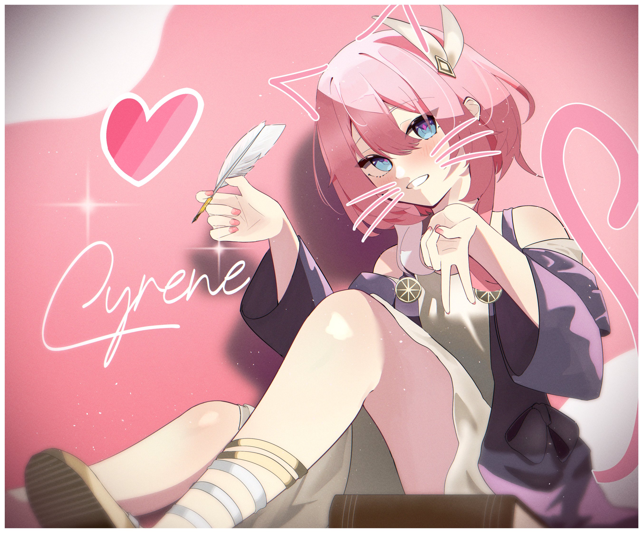 dazetoo, cyrene (honkai: star rail), honkai: star rail, honkai (series), commentary, highres, symbol-only commentary, 1girl, blue eyes, character name, coat, drawn ears, drawn tail, drawn whiskers, dress, face filter, hair ornament, heart, holding, holding quill, inward v, pink background, pink hair, purple coat, quill, smile, solo, v, white dress