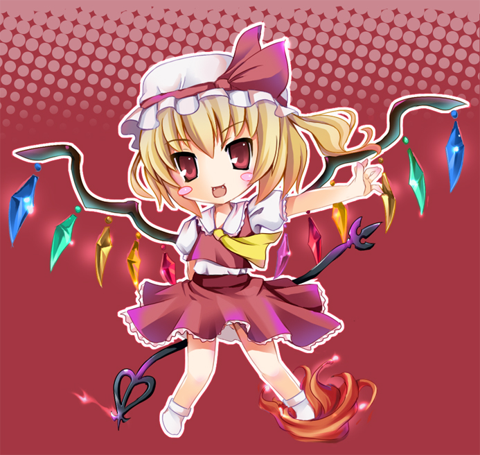 tomusooya, flandre scarlet, touhou, 1girl, arm behind back, blouse, chibi, collared shirt, fangs, female focus, hat, mob cap, one side up, red background, shirt, socks, solo, white hat, white shirt, white socks, wings