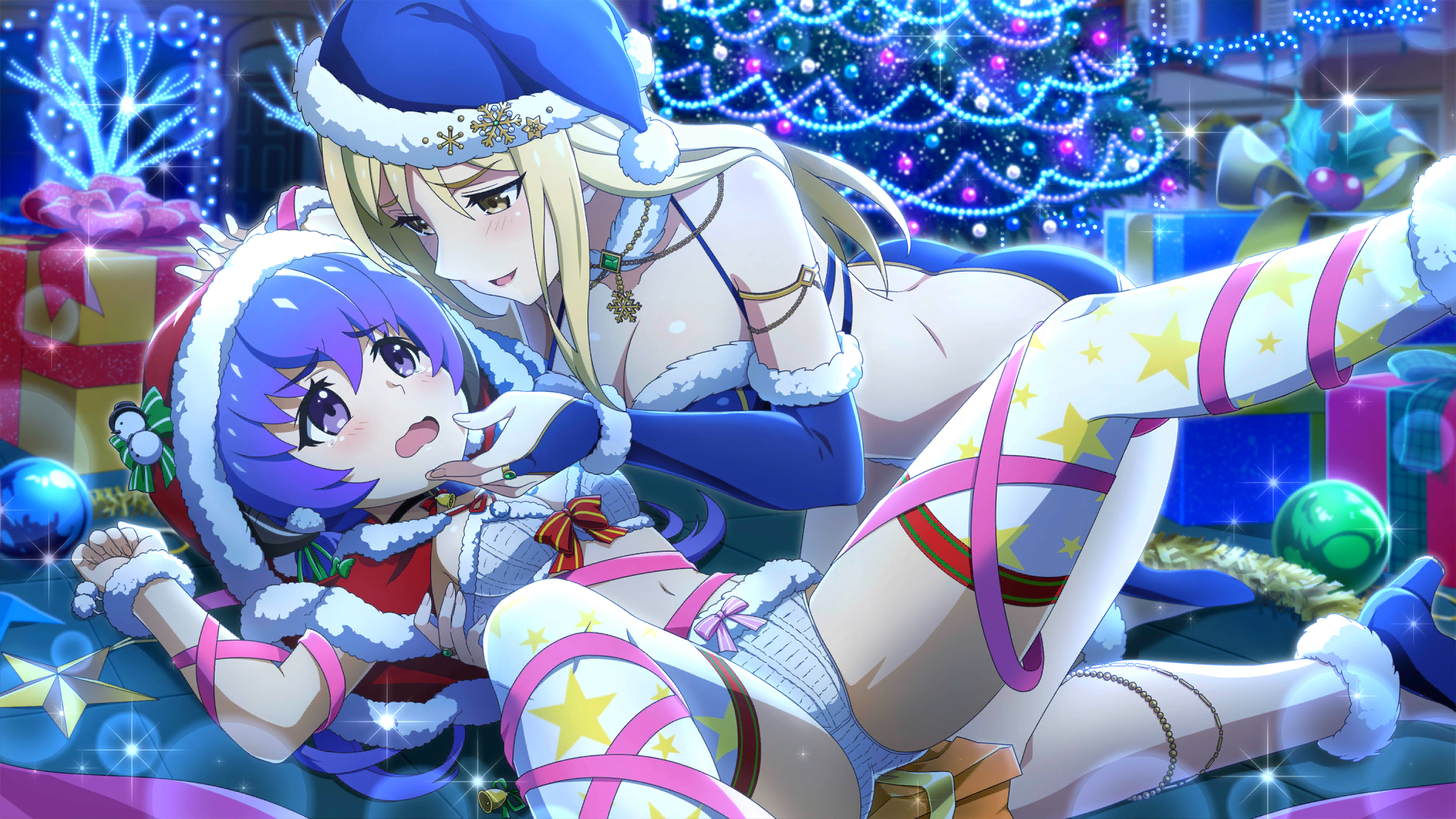 hanyuu, takano miyo, higurashi no naku koro ni, higurashi no naku koro ni mei, artist request, game cg, highres, non-web source, official art, 2girls, age difference, alternate hairstyle, bdsm, blonde hair, blush, bondage, bound, bound arms, bound legs, bow, breasts, brown eyes, capelet, christmas, christmas lights, christmas tree, fur-trimmed headwear, fur trim, gift, gloves, hat, horns, large breasts, long hair, looking at another, multiple girls, onee-loli, open mouth, purple eyes, purple hair, red capelet, restrained, ribbon, ribbon bondage, santa hat, small breasts, smile, thighhighs, yuri