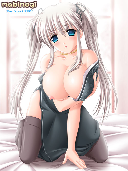 kafu (logaemon), nao (mabinogi), mabinogi, silver hair, 1girl, blue eyes, breasts, cleavage, female focus, huge breasts, long hair, nipples, no bra, solo, thighhighs, twintails