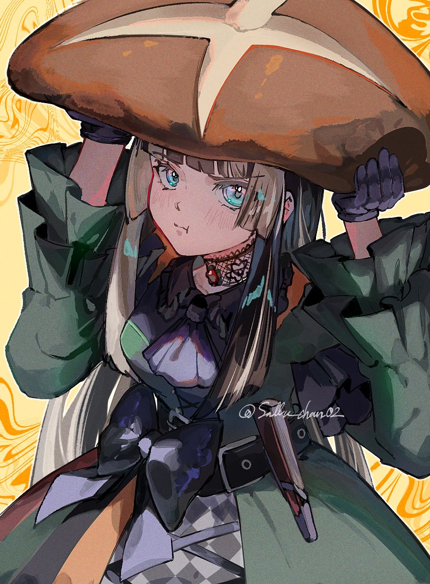 rnp 02, juufuutei raden, juufuutei raden (1st costume), hololive, hololive dev is, commentary request, 1girl, :t, aqua eyes, arms up, ascot, black ascot, black bow, black gloves, blunt bangs, bow, choker, closed mouth, dress, dress bow, folded fan, folding fan, food, gloves, gothic lolita, green dress, hand fan, holding, holding food, lace, lace-trimmed choker, lace choker, lace trim, lolita fashion, long hair, looking at viewer, looking to the side, multicolored hair, mushroom, oversized food, oversized object, paper fan, pout, shiitake, sidelocks, solo, twitter username, two-tone hair, virtual youtuber, yellow background