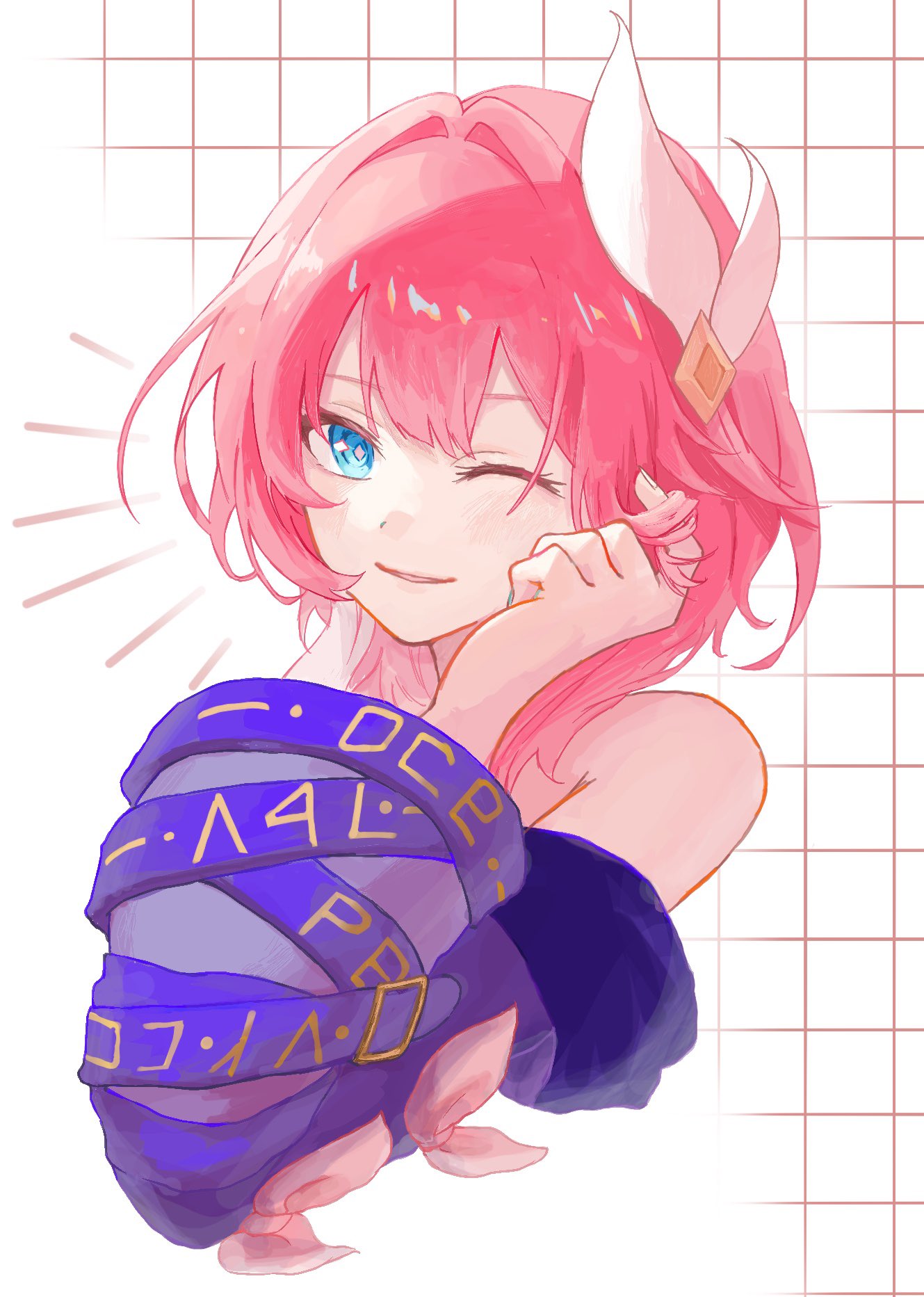 cyrene (honkai: star rail), honkai: star rail, honkai (series), commentary, highres, 1girl, ;), bare shoulders, blue eyes, coat, cropped torso, grid background, hair ornament, multicolored hair, one eye closed, pink hair, purple coat, sachiare 04, short hair, smile, solo, two-tone hair, white hair