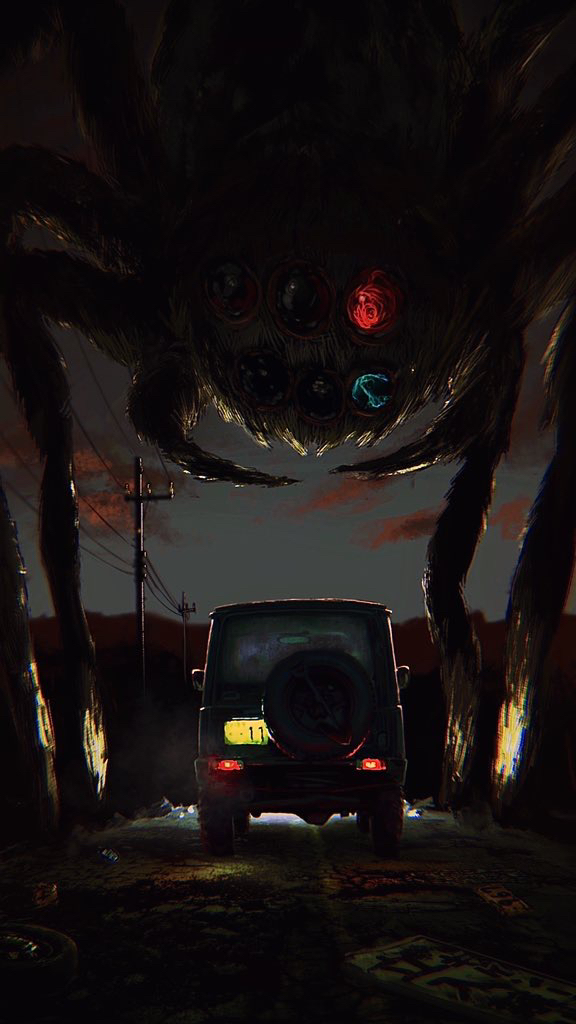 kakesoba, original, blood, blue eyes, bug, car, cloud, extra legs, giant, giant monster, glowing, glowing eyes, headlight beam, horror (theme), motor vehicle, mountainous horizon, outdoors, pedestrian lights, power lines, red eyes, road, road sign, sign, sky, spare tire, spider, suzuki jimny, traffic light, unused tire, utility pole, wreckage