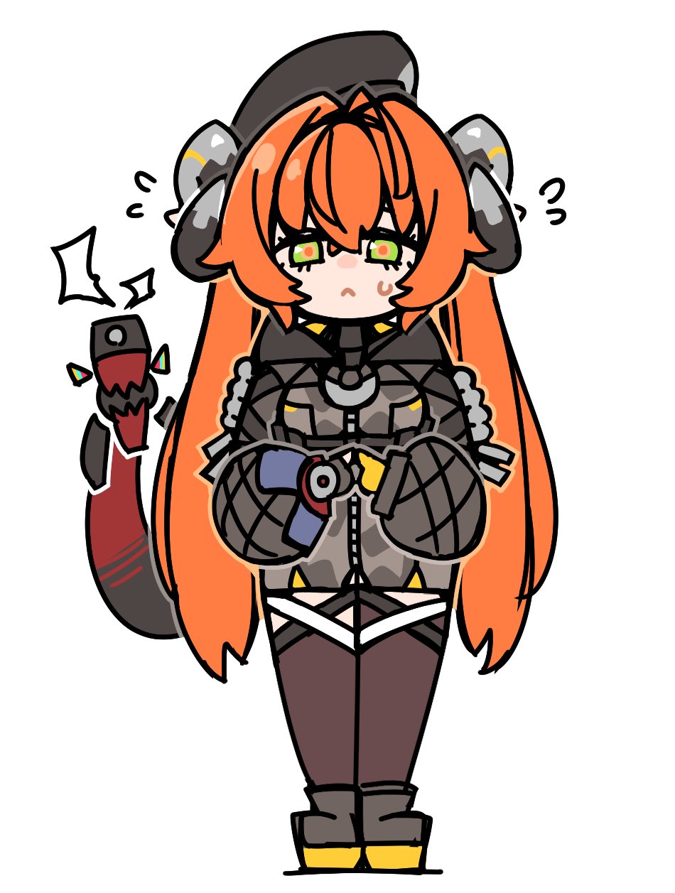 syoya, magus (zenless zone zero), orphie magnusson, zenless zone zero, highres, black jacket, gloves, green eyes, horns, jacket, orange hair, sweatdrop, tail, yellow gloves, zipper