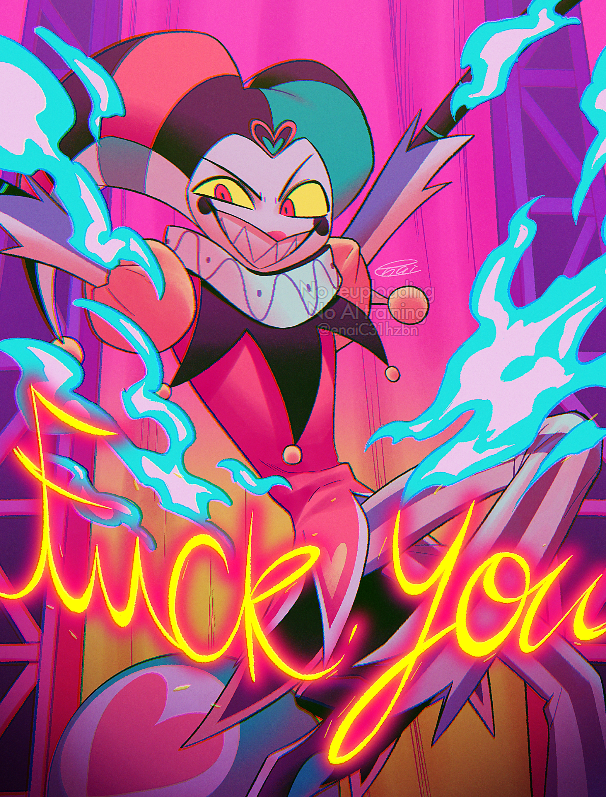 menma (enaic31), hellaverse, helluva boss, absurdres, commentary request, highres, 1boy, :d, o/, aqua hat, arms up, ball, black hat, black shoes, blue fire, checkered hat, chromatic aberration, circle facial mark, colored sclera, curtains, english text, film grain, fire, fizzarolli (helluva boss), foot out of frame, grey pants, grin, hat, hat bell, heart, jester, jester cap, juliet sleeves, knee up, long sleeves, male focus, mechanical arms, neck ruff, open mouth, outstretched arms, pants, puffy sleeves, red eyes, red hat, red shirt, sharp teeth, shirt, shoes, signature, smile, solo, striped clothes, striped pants, teeth, two-tone pants, v-shaped eyebrows, vertical-striped clothes, vertical-striped pants, vignetting, watermark, white pants, yellow sclera