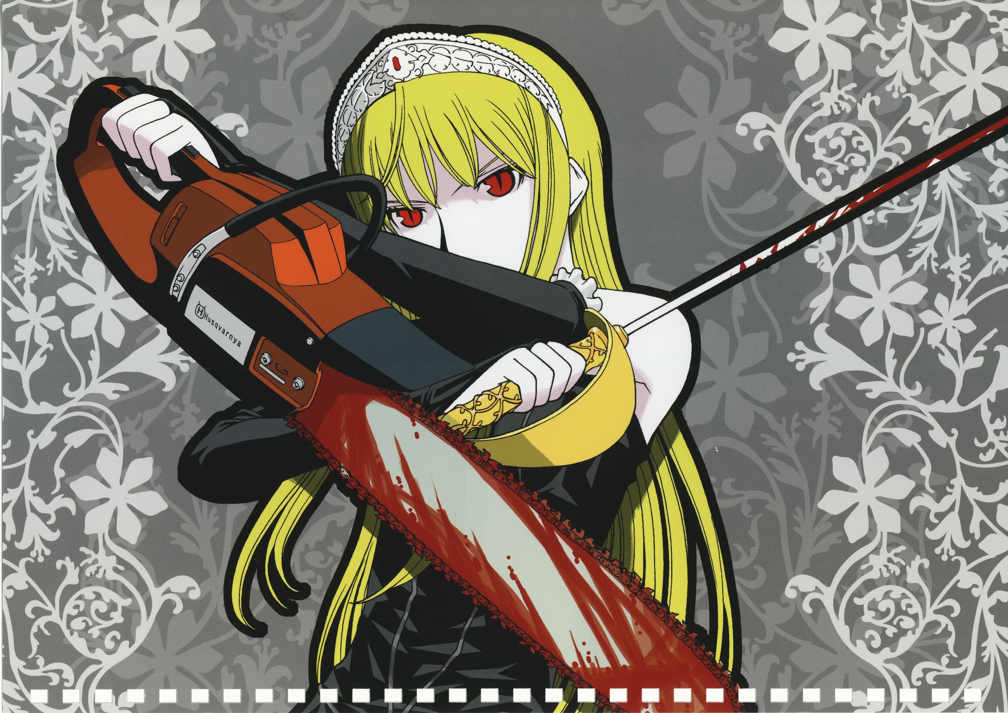 mitsunaga yasunori, hime (kaibutsu oujo), husqvarna, kaibutsu oujo, absurdres, highres, official art, scan, 00s, 1girl, armpits, bare shoulders, black dress, blonde hair, blood, bloody weapon, brand name imitation, breasts, bridal gauntlets, chainsaw, covered mouth, crossed arms, dress, emblem, female focus, floral background, flower, frilled sleeves, frills, gem, grey background, hand up, head tilt, holding, holding sword, holding weapon, long hair, looking at viewer, outline, pale skin, rapier, red eyes, red gemstone, reverse grip, serious, sidelocks, slit pupils, small breasts, solo, standing, straight hair, sword, tiara, upper body, very long hair, weapon