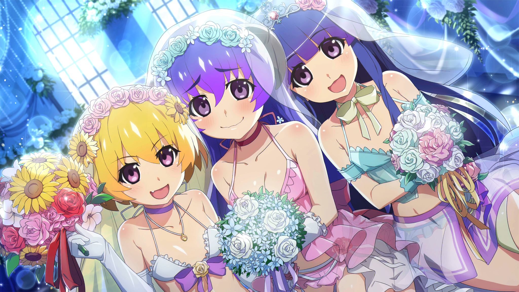 furude rika, hanyuu, houjou satoko, higurashi no naku koro ni, higurashi no naku koro ni mei, game cg, highres, non-web source, official art, 3girls, bare shoulders, blonde hair, blue flower, blue hair, blue rose, blunt bangs, blush, bouquet, bow, breasts, bridal lingerie, bridal veil, choker, cleavage, collarbone, elbow gloves, embarrassed, fang, flat chest, flower, frills, gloves, hair between eyes, hime cut, holding, holding bouquet, horns, jewelry, lingerie, long hair, looking at viewer, medium breasts, multiple girls, open mouth, pendant, pink flower, pink rose, purple eyes, raised eyebrows, red flower, red rose, ribbon, rose, short hair, small breasts, smile, tiara, underwear, veil, white flower, white gloves, white rose, yellow flower