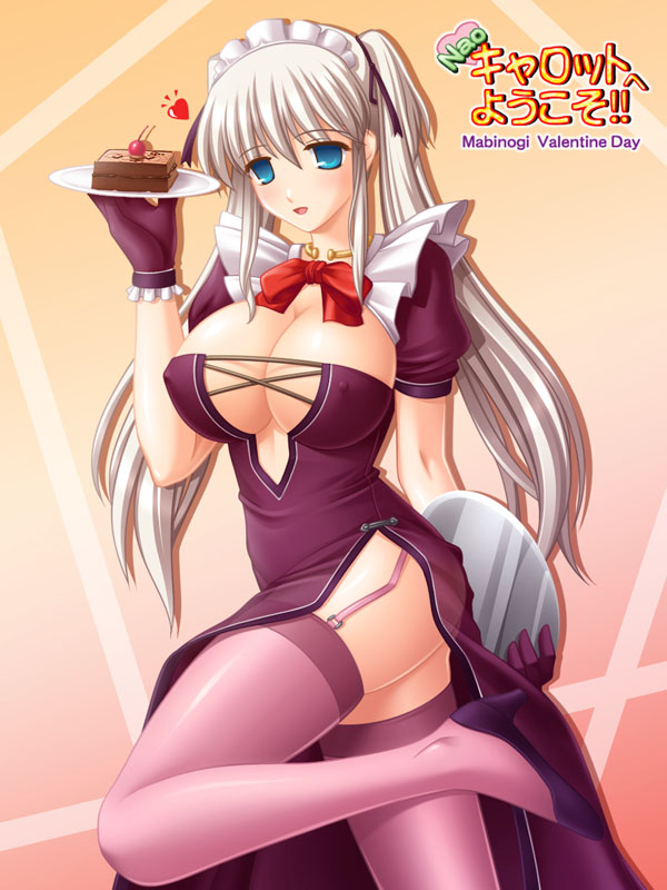 kafu (logaemon), nao (mabinogi), mabinogi, 1girl, blue eyes, breasts, cherry, cleavage, covered erect nipples, female focus, food, fruit, garter straps, heart, huge breasts, long hair, no pupils, open mouth, plate, solo, thighhighs, tray, twintails, waitress