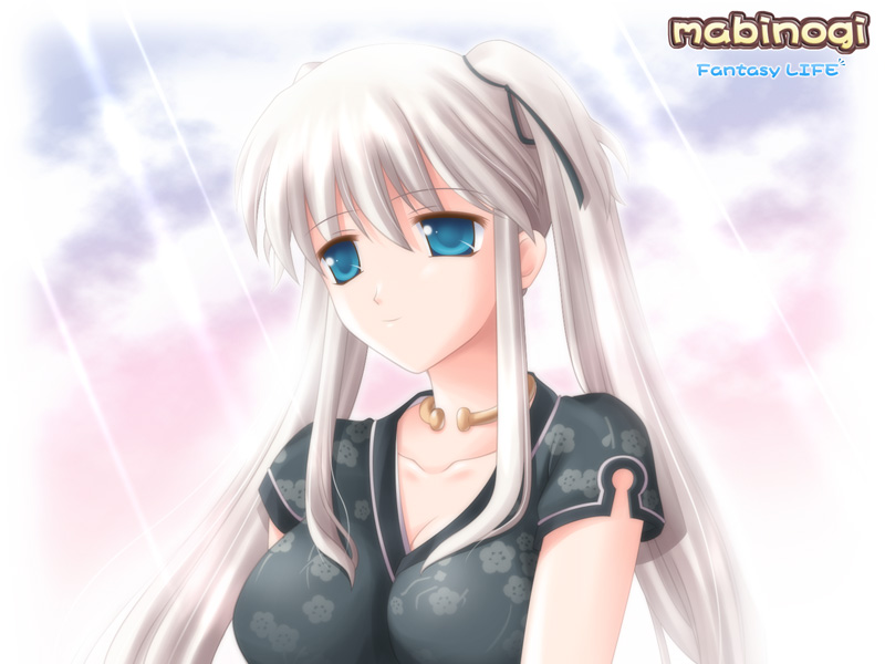 kafu (logaemon), nao (mabinogi), mabinogi, eyebrows, 1girl, blue eyes, breasts, cleavage, closed mouth, cloud, collarbone, copyright name, female focus, hair ornament, hair ribbon, jewelry, large breasts, light smile, long hair, neck ring, necklace, ribbon, short sleeves, sidelocks, sky, solo, sunlight, twintails, upper body, white hair