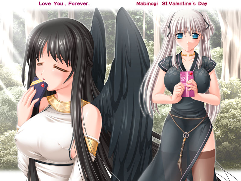 kafu (logaemon), morrighan, nao (mabinogi), mabinogi, 2girls, bare shoulders, black hair, blue eyes, breasts, china dress, chinese clothes, closed eyes, covered erect nipples, dress, gift, goddess (mabinogi), half updo, long hair, multiple girls, panties, see-through clothes, thighhighs, underwear, valentine, white hair, wings