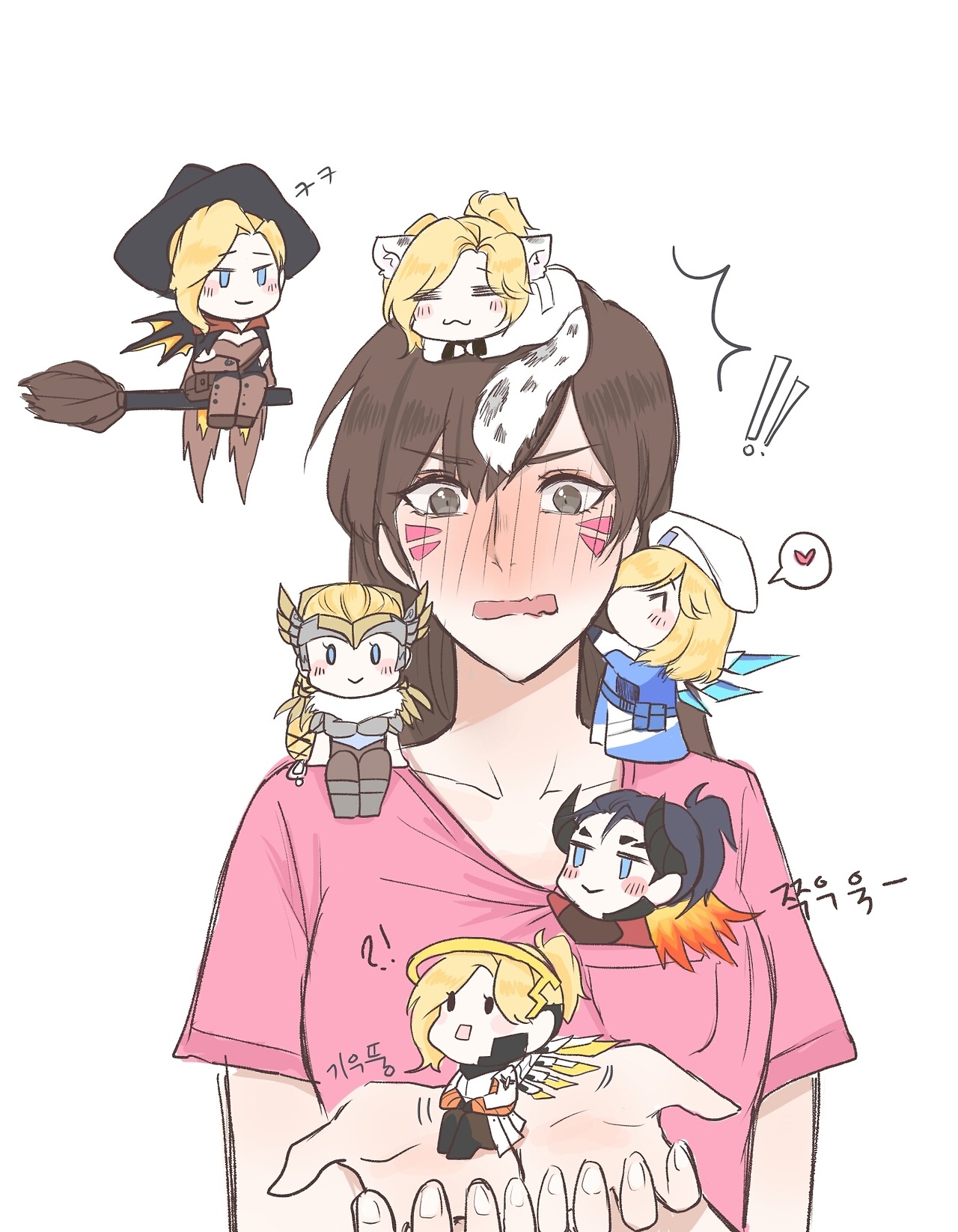 combat medic ziegler, d.va (overwatch), devil mercy, mercy (overwatch), valkyrie mercy, witch mercy, overwatch, overwatch 1, translation request, 6+girls, alternate costume, animal, animal ears, blush, broom, brown hair, chibi, collarbone, facial mark, female focus, halo, heart, kiss, kissing cheek, korean text, long hair, mechanical wings, multiple girls, multiple persona, pink shirt, pocket, ponytail, servadakin, shirt, shirt pocket, tail, white background, wings