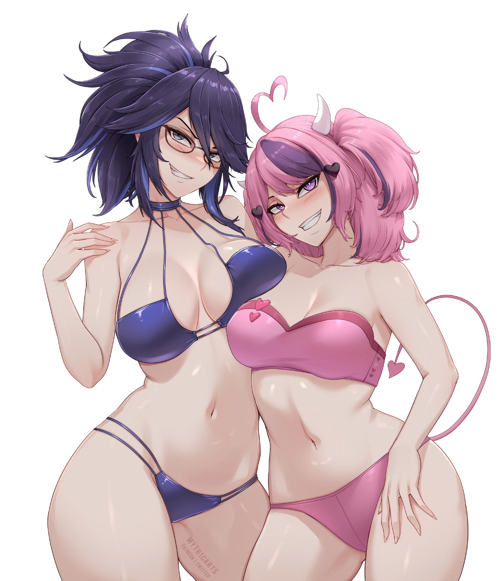 myth1carts, ironmouse, kson, indie virtual youtuber, highres, 2girls, ahoge, asymmetrical docking, bikini, black hair, blue eyes, blue hair, blush, breast press, breasts, cleavage, demon girl, demon horns, demon tail, hair ornament, heart, heart ahoge, heart hair ornament, horns, large breasts, long hair, looking at viewer, multicolored hair, multiple girls, navel, pink bikini, pink hair, ponytail, purple bikini, purple hair, smile, strapless, strapless bikini, streaked hair, swimsuit, tail, two-tone hair, virtual youtuber, white background, white horns