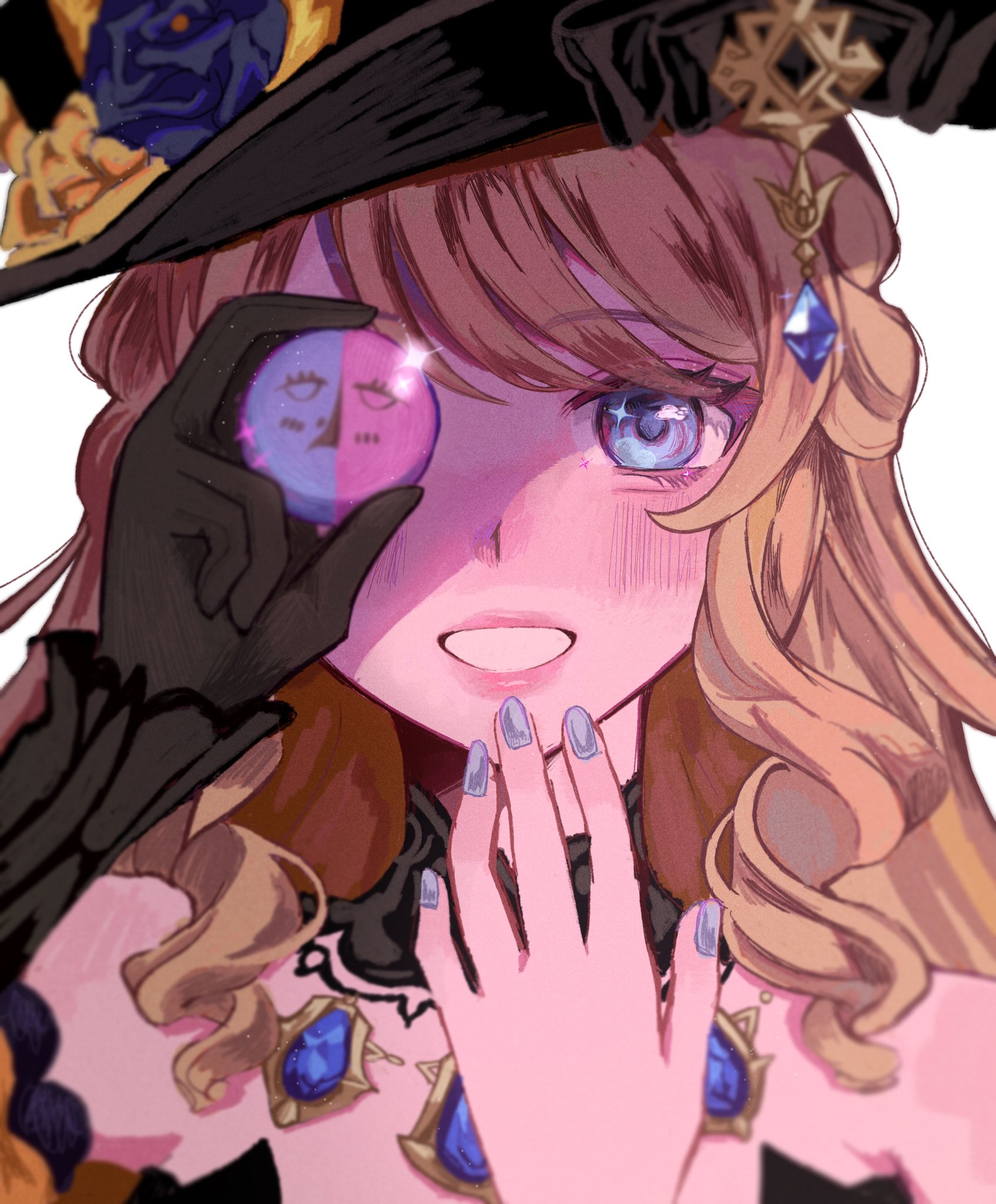 navia (genshin impact), genshin impact, commentary request, highres, 1girl, bare shoulders, black choker, black gloves, black hat, blonde hair, blue eyes, blue nails, choker, gloves, grin, hands up, hat, imai (32 ii), long hair, nail polish, pink lips, portrait, simple background, smile, solo, white background