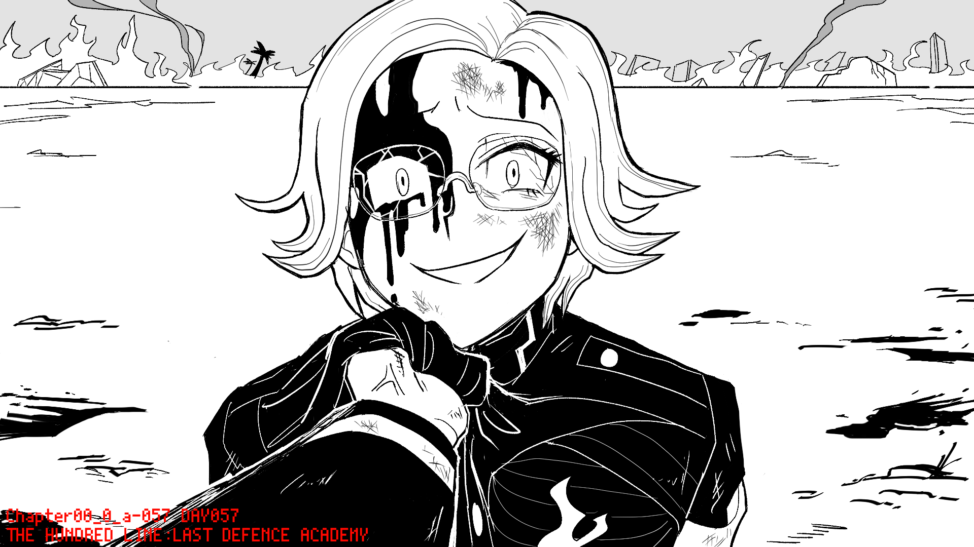 aotsuki eito, the hundred line -last defense academy-, commentary request, derivative work, highres, screenshot redraw, 1boy, 1other, armband, blood from forehead, broken eyewear, bruise, bruise on face, clothes grab, english text, evil grin, evil smile, fire, gakuran, glasses, grin, horizon, injury, jacket, last defense academy school uniform, looking at viewer, male focus, monochrome, pov, pov hands, ruins, school uniform, short hair, smile, smirk, smoke, solo focus, veins, yobiyobiyobi
