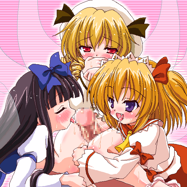 yamu (reverse noise), luna child, star sapphire, sunny milk, perfect memento in strict sense, touhou, 3girls, blonde hair, blush, bow, brown hair, censored, fairy wings, fellatio, licking, loli, multiple girls, oekaki, oral, orange hair, panties, panties around leg, penis, pink panties, saliva, skirt, thigh sex, thighs, underwear, wings