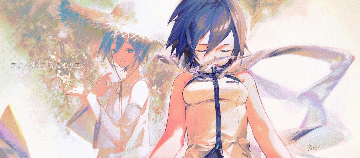 kaiko (vocaloid), vocaloid, translation request, 2girls, bare shoulders, beret cj, blue eyes, blue hair, blue scarf, breasts, closed eyes, dated commentary, detached sleeves, dress, genderswap, genderswap (ftm), genderswap (mtf), hair between eyes, hat, headset, multiple girls, scarf, shirt, short hair, sleeveless, sleeveless shirt, small breasts, solo, straw hat, sundress, white dress, white shirt