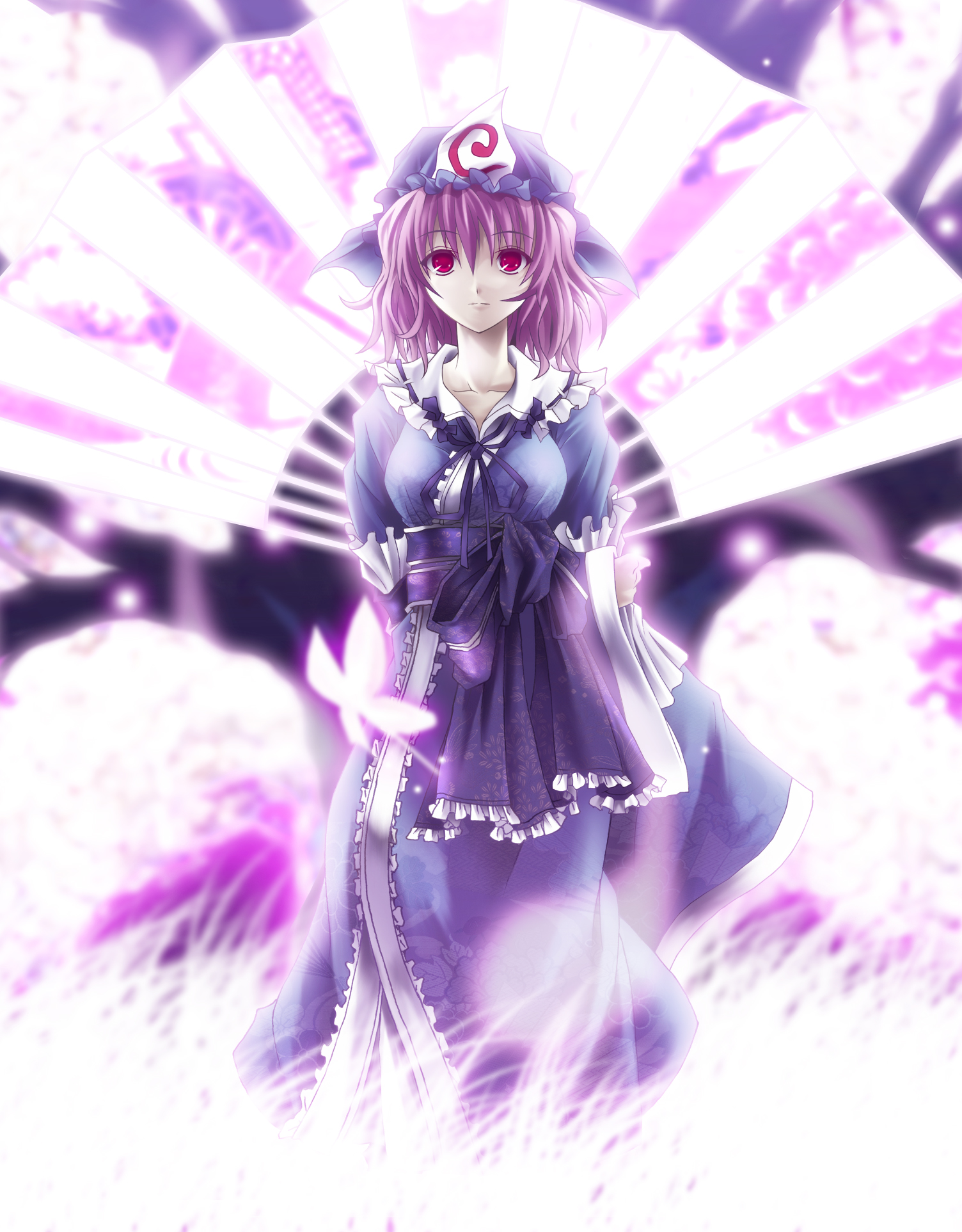 futami kito, saigyouji yuyuko, touhou, bad id, bad pixiv id, highres, 1girl, arm behind back, bloom, female focus, folding fan, hand fan, hat, pink eyes, pink hair, solo