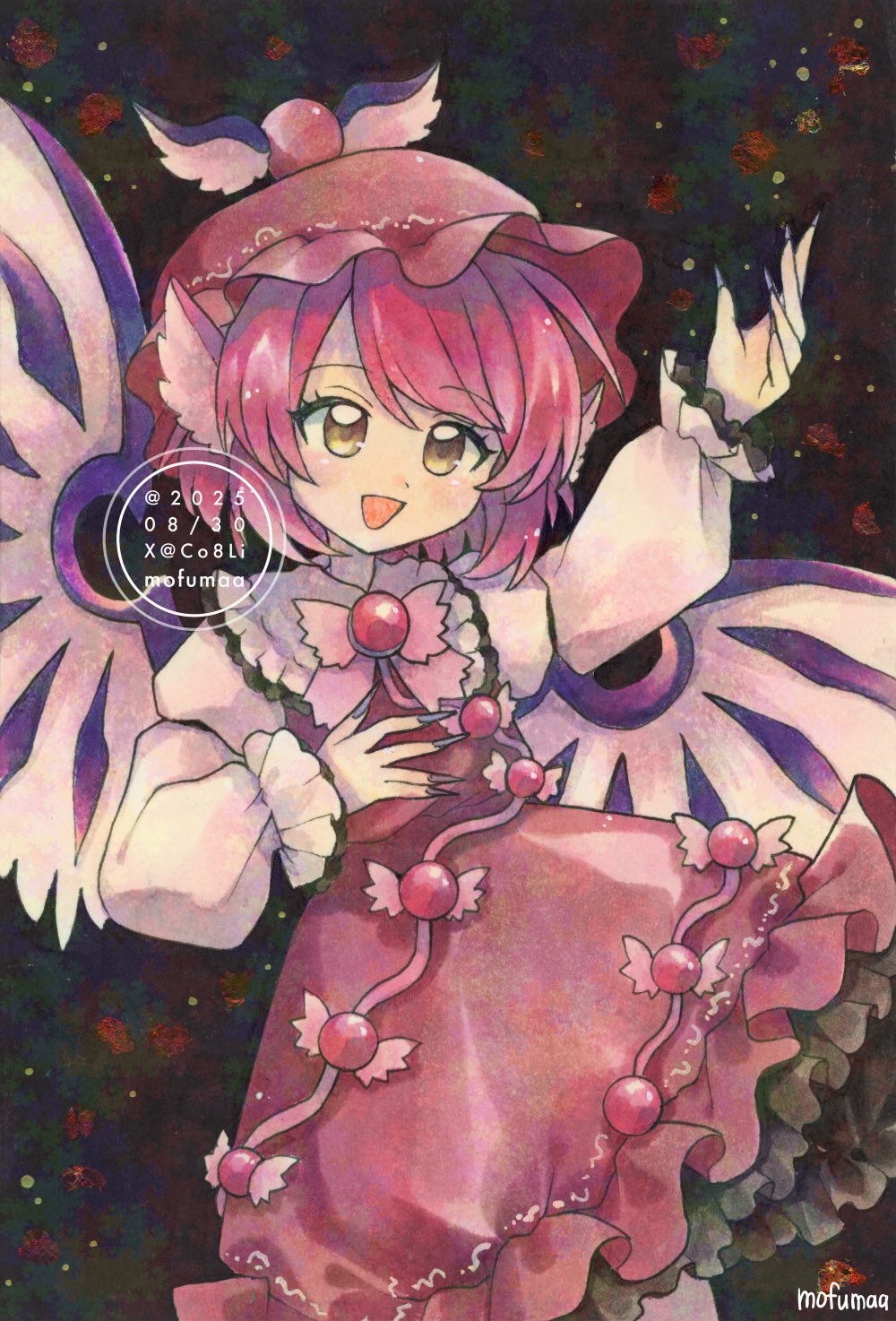 maa (forsythia1729), mystia lorelei, touhou, commentary, highres, traditional media, 1girl, animal ears, artist name, bird ears, brown dress, brown eyes, brown hat, dated, dress, fingernails, hat, long fingernails, long sleeves, open mouth, pink hair, sharp fingernails, smile, solo, twitter username, watermark, winged hat, wings