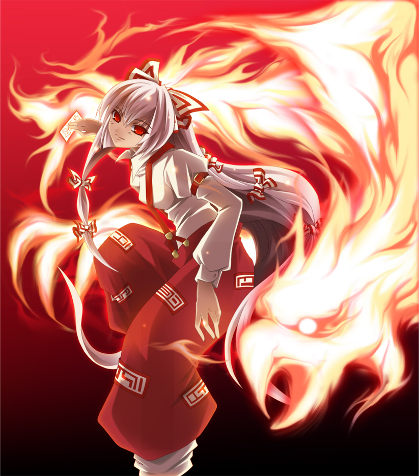 futami kito, fujiwara no mokou, touhou, silver hair, bad id, bad pixiv id, 1girl, bird, female focus, fire, hair ribbon, long hair, ofuda, pants, phoenix, red eyes, ribbon, shirt, smile, solo, suspenders, white shirt