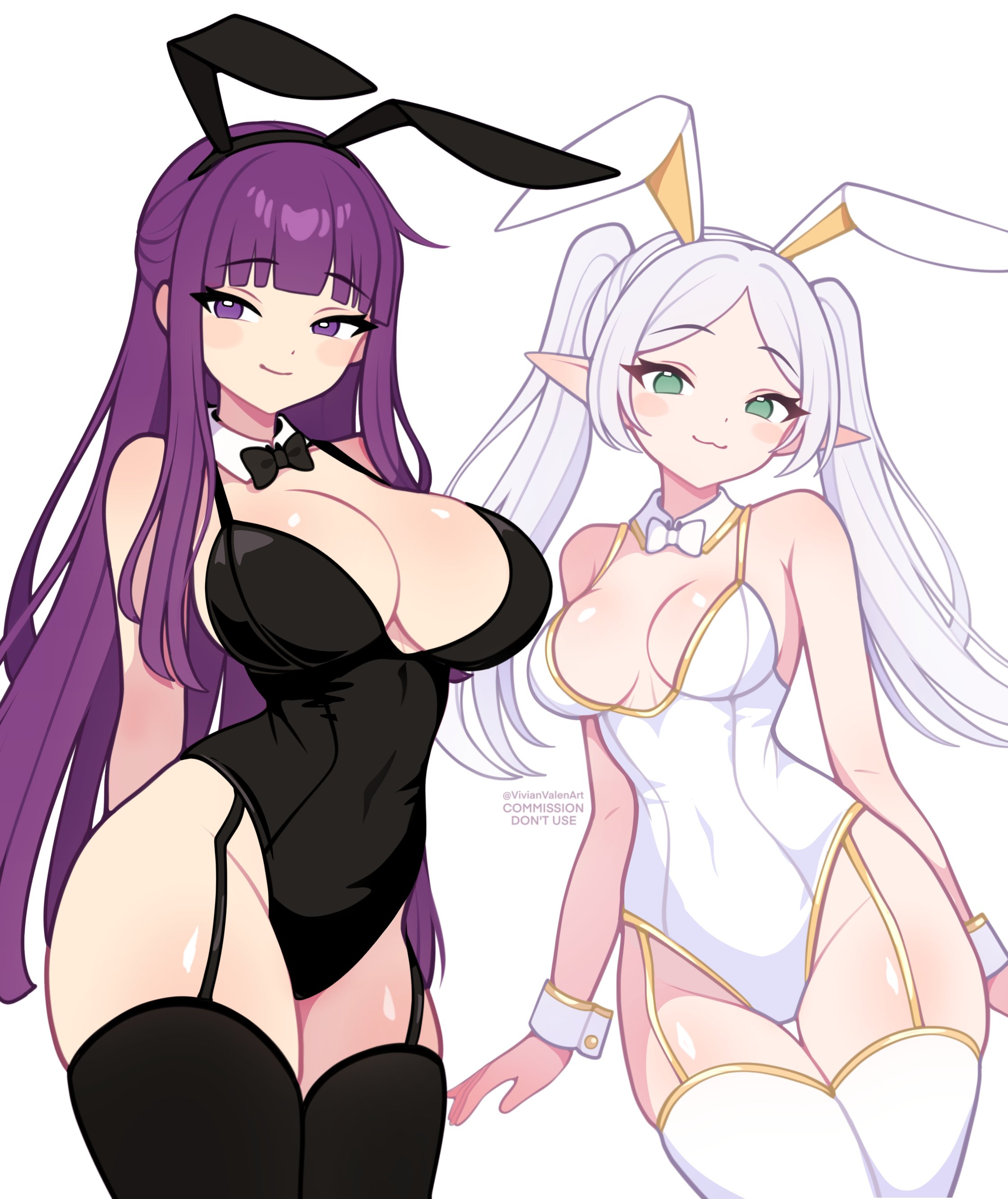 vivianvalenart, fern (sousou no frieren), frieren, sousou no frieren, absurdres, highres, 2girls, animal ear hairband, animal ears, bare shoulders, black leotard, blunt bangs, blush, bow, bowtie, breasts, cleavage, closed mouth, covered navel, detached collar, elf, fake animal ears, garter straps, green eyes, hairband, highleg, jewelry, large breasts, leotard, long hair, looking at viewer, medium breasts, multiple girls, playboy bunny, pointy ears, purple eyes, purple hair, purple pupils, rabbit ear hairband, rabbit ears, sidelocks, simple background, smile, solo, straight hair, strapless, strapless leotard, thighhighs, twintails, white background, white bow, white bowtie, white hair, white leotard, white thighhighs, white wrist cuffs, wrist cuffs