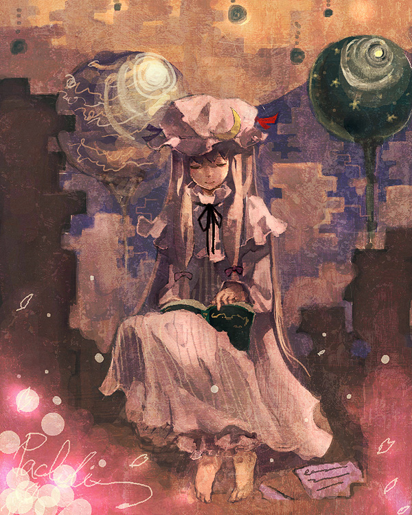 bac, patchouli knowledge, touhou, bad id, bad pixiv id, 1girl, barefoot, book, closed eyes, female focus, hat, long hair, mob cap, purple hair, solo, very long hair