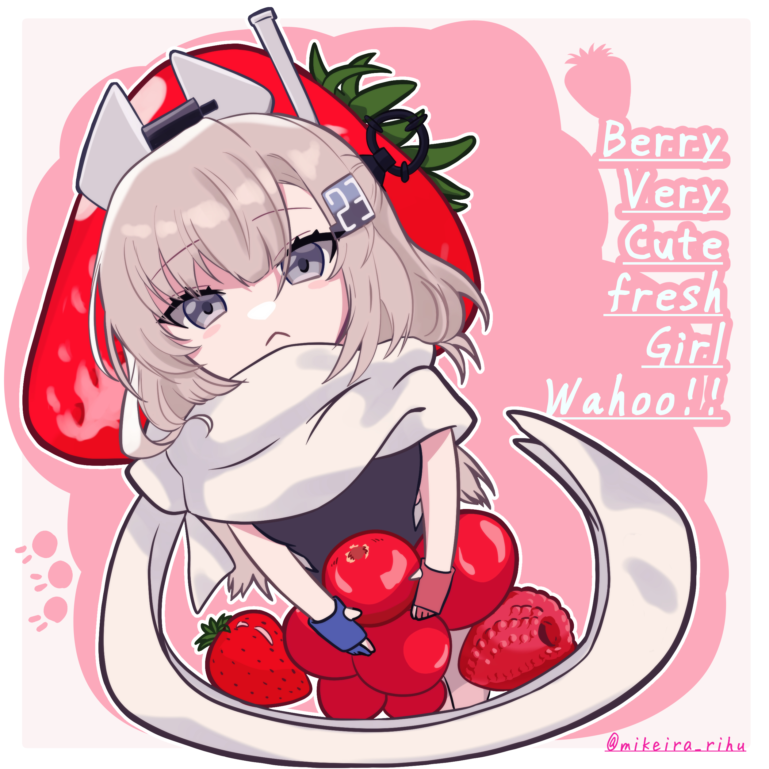 mikeira rihu, wahoo (kancolle), kantai collection, absurdres, commentary request, highres, 1girl, asymmetrical gloves, black one-piece swimsuit, cherry, food, fruit, gloves, grey eyes, grey hair, headgear, mismatched gloves, one-piece swimsuit, pun, raspberry, scarf, solo, strawberry, swimsuit, two-tone one-piece swimsuit, upper body, white scarf