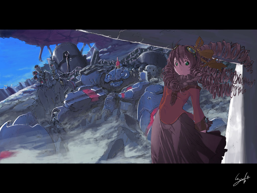 i-iv (longman), wadatsumi garland, maria balthasar, seibzehn, xenogears, silver hair, 1girl, dress, drill hair, goggles, goggles on head, green eyes, letterboxed, long hair, mecha, ribbon, robot, signature, wreckage