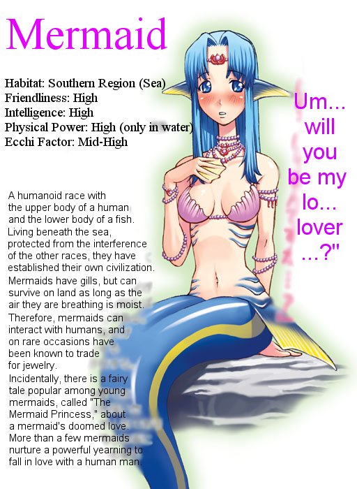 okayado, hard-translated, third-party edit, translated, 1girl, armband, armlet, bikini, bikini top only, blue eyes, blue hair, blush, bracelet, breasts, character profile, circlet, female focus, fins, gills, head fins, jewelry, matching hair/eyes, mermaid, monster girl, necklace, parted lips, pink bikini, rock, shell, shell bikini, shy, sitting, solo, swimsuit, webbed hands