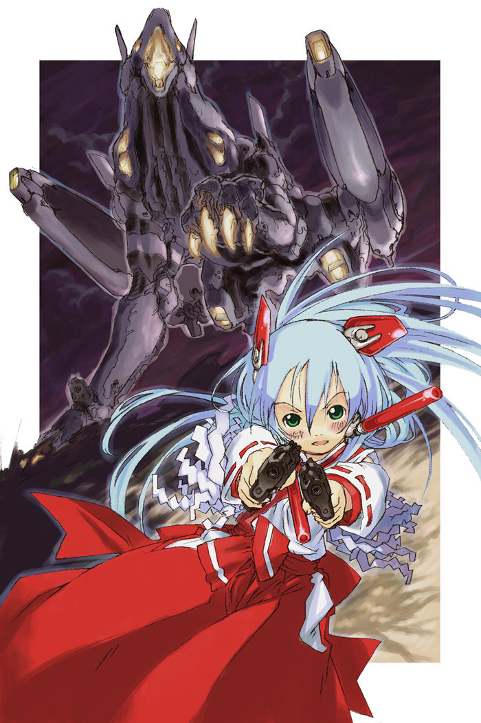 i-iv (longman), wadatsumi garland, original, 1girl, blue hair, female focus, green eyes, gun, hakama, hakama skirt, japanese clothes, miko, red hakama, skirt, solo, weapon