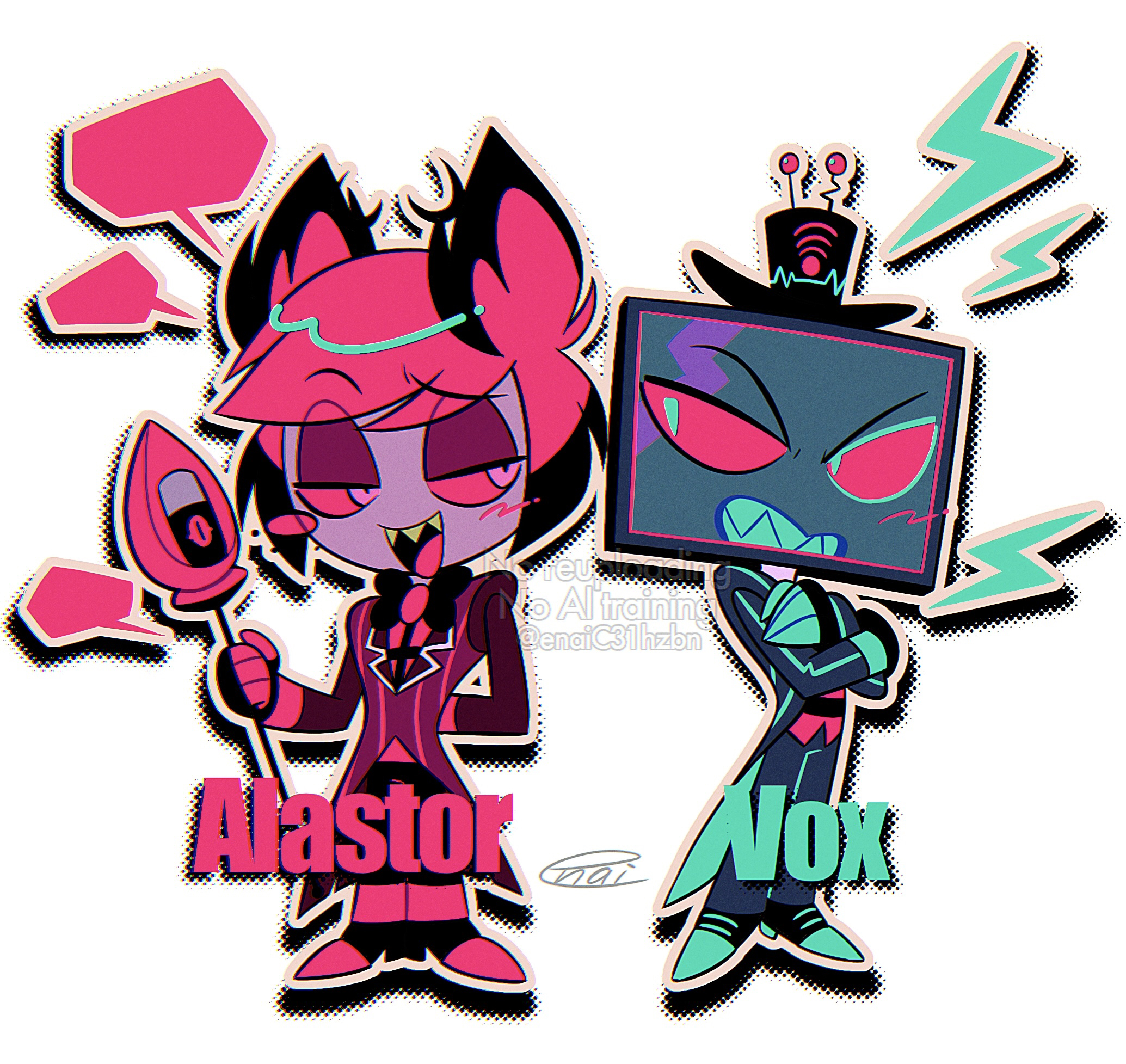 menma (enaic31), alastor (hazbin hotel), vox (hazbin hotel), hazbin hotel, hellaverse, commentary request, highres, 2boys, :d, antlers, aqua coat, aqua eyes, aqua shoes, arm behind back, back-to-back, black bow, black bowtie, black coat, black hair, black hat, black pants, black shirt, blank speech bubble, blue teeth, bow, bowtie, brown outline, chibi, chibi only, chromatic aberration, clenched teeth, coat, colored sclera, colored skin, colored teeth, colored tips, crossed arms, deer antlers, drop shadow, eyeshadow, fewer digits, full body, grey skin, hair horns, halftone, halftone background, hat, holding, holding staff, horns, legs together, lightning bolt symbol, long sleeves, looking at another, makeup, monocle, multicolored coat, multicolored hair, multiple boys, object head, open mouth, outline, pants, raised eyebrow, red coat, red eyes, red eyeshadow, red hair, red sclera, red shirt, red shoes, sharp teeth, shirt, shoes, short hair, sideways glance, signature, simple background, smile, speech bubble, staff, standing, striped clothes, striped coat, striped shirt, teeth, television, tongue, top hat, traditional bowtie, two-tone coat, two-tone hair, two-tone shirt, upper teeth only, v-shaped eyebrows, vertical-striped coat, watermark, white background, yellow teeth