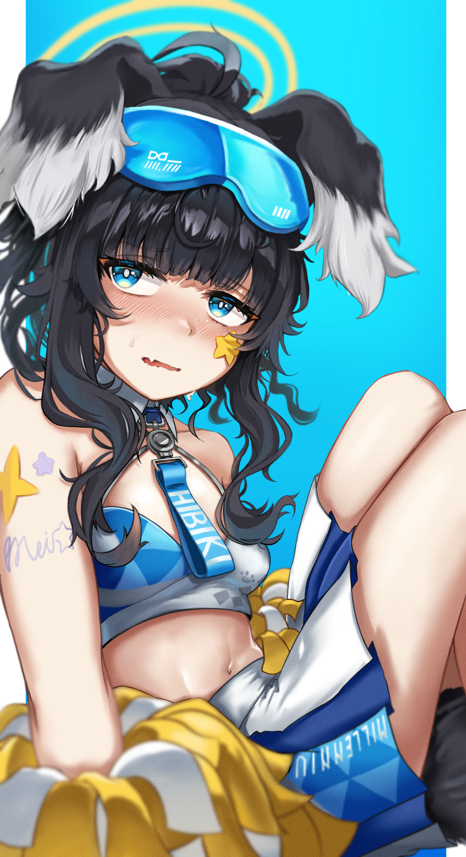 hibiki (blue archive), hibiki (cheer squad) (blue archive), blue archive, absurdres, highres, 1girl, animal ears, bare shoulders, black hair, blue background, blue eyes, blush, breasts, cheerleader, dog ears, dog girl, dog tail, eyewear on head, halo, holding, holding pom poms, long hair, looking at viewer, millennium cheerleader outfit (blue archive), navel, nose blush, official alternate costume, pom pom (cheerleading), pom poms, simple background, skirt, small breasts, solo, star (symbol), star sticker, sticker, sticker on arm, sticker on face, tail, text print, yellow halo, zhuzhuw