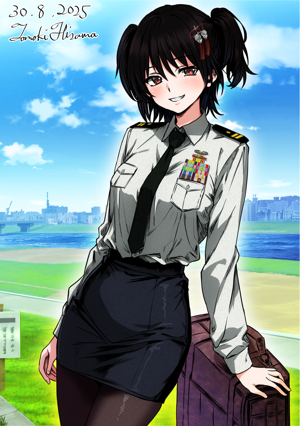 hisamatomoki, sendai (kancolle), kantai collection, highres, 1girl, black hair, black necktie, black pantyhose, black skirt, blue sky, breast pocket, breasts, cloud, collared shirt, dated, day, epaulettes, grey shirt, hair ornament, long sleeves, looking at viewer, medium breasts, military rank insignia, military uniform, miniskirt, naval dress uniform, naval uniform, necktie, orange eyes, outdoors, pantyhose, pocket, ribbon bar, shirt, shoulder boards, skirt, sky, smile, solo, two side up