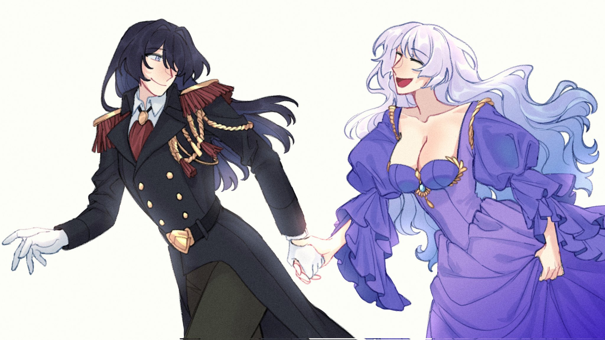 charathegay, acheron (honkai: star rail), black swan (honkai: star rail), honkai: star rail, honkai (series), highres, 2girls, breasts, cleavage, couple, dress, gloves, hair spread out, holding hands, large breasts, long hair, multiple girls, purple dress, purple eyes, purple hair, smile, very long hair, yellow eyes, yuri