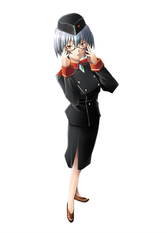 sakai hamachi, ayanami rei, neon genesis evangelion, uniform, 1girl, adjusting eyewear, blue hair, female focus, garrison cap, glasses, hat, pencil skirt, red eyes, short hair, skirt, solo