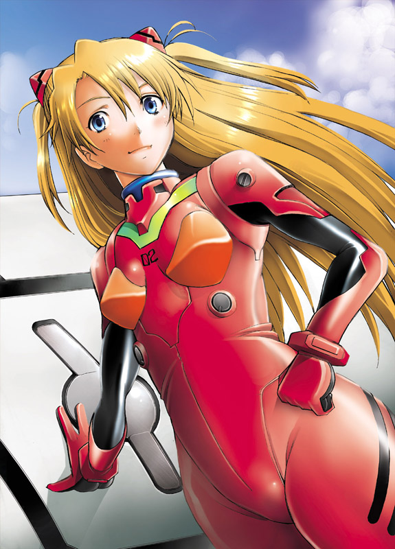 sakai hamachi, souryuu asuka langley, neon genesis evangelion, 1girl, arm support, blonde hair, blue eyes, blush, bodysuit, bracer, breasts, clenched hand, closed mouth, cloud, cowboy shot, day, dutch angle, entry plug, female focus, from side, gloves, hair between eyes, hand on own hip, headgear, hip focus, light smile, long hair, looking at viewer, mecha pilot suit, orange hair, outdoors, parted bangs, plugsuit (evangelion), red hair, shiny clothes, sky, small breasts, smile, solo, standing, straight hair, thighs, turtleneck, two side up