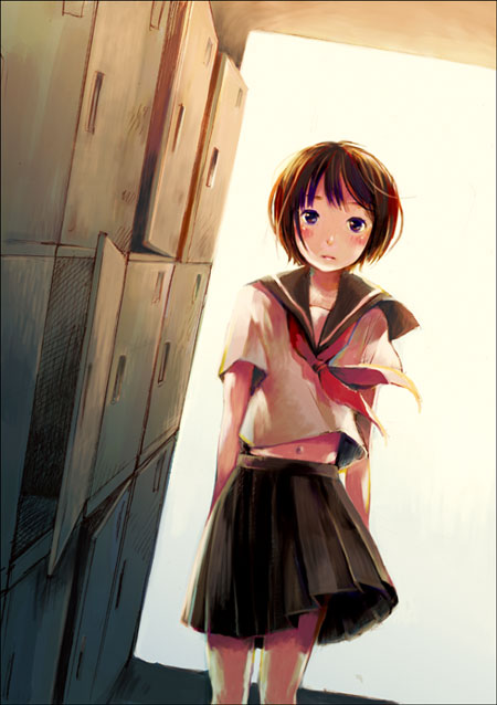 wakana (nagomoo), 1girl, brown hair, female focus, grey eyes, navel, school uniform, serafuku, short hair, solo