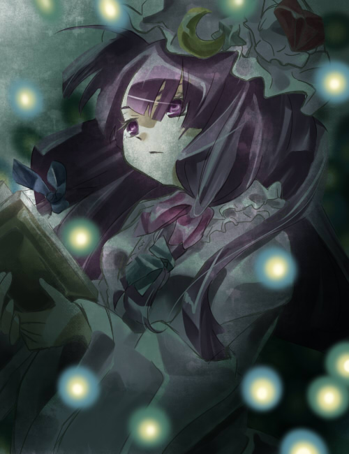 makako, makako (yume bouei shoujo tai), patchouli knowledge, touhou, 1girl, blue bow, blurry, book, bow, crescent, crescent pin, dark, expressionless, female focus, from below, hair bow, hat, hat ribbon, holding, holding book, light particles, long hair, long sleeves, looking afar, mob cap, open book, pale skin, pink bow, purple eyes, purple hair, red bow, ribbon, solo, upper body, wide sleeves