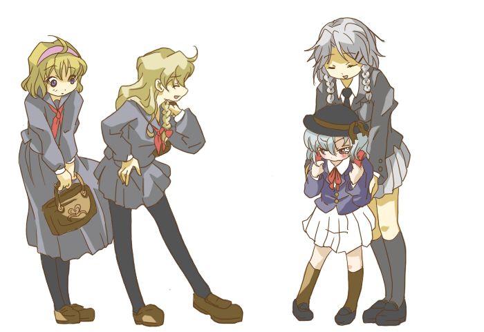 makako, makako (yume bouei shoujo tai), alice margatroid, izayoi sakuya, kirisame marisa, remilia scarlet, touhou, 4girls, alternate costume, blonde hair, contemporary, female focus, hat, kneehighs, multiple girls, pantyhose, school uniform, serafuku, skirt, socks